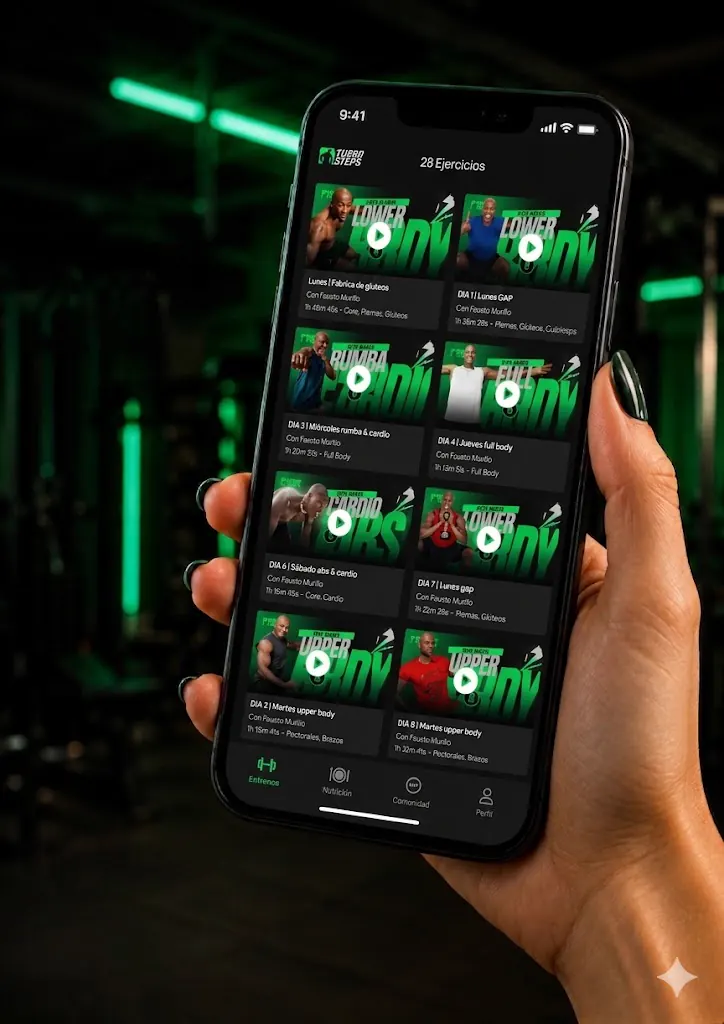 App TurboSteps en iPhone — librería de entrenamientos con Fausto Murillo y su equipo de entrenadores